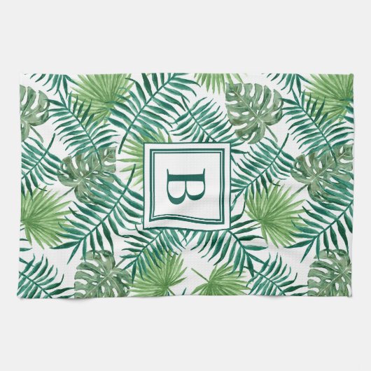 Tropical Palm Blätter Botanical Pattern Monogram Geschirrtuch (Horizontal)