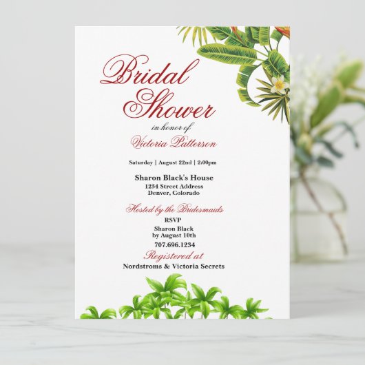 Tropical Palm Blätter Bridal Dusche Einladungen (Stehend Vorderseite)