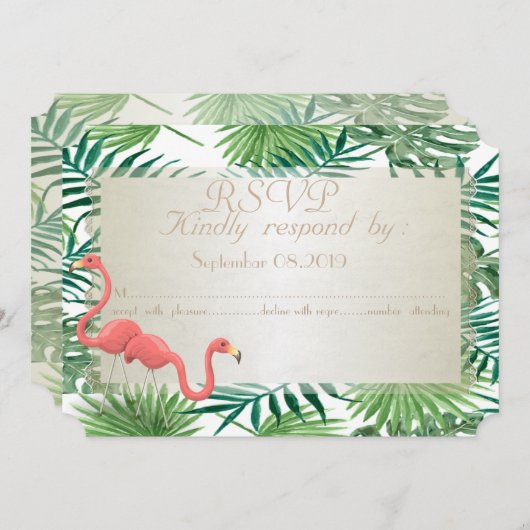 Tropical Palm Blätter, Flamingos Wedding RSVP Card Einladung (Vorne/Hinten)