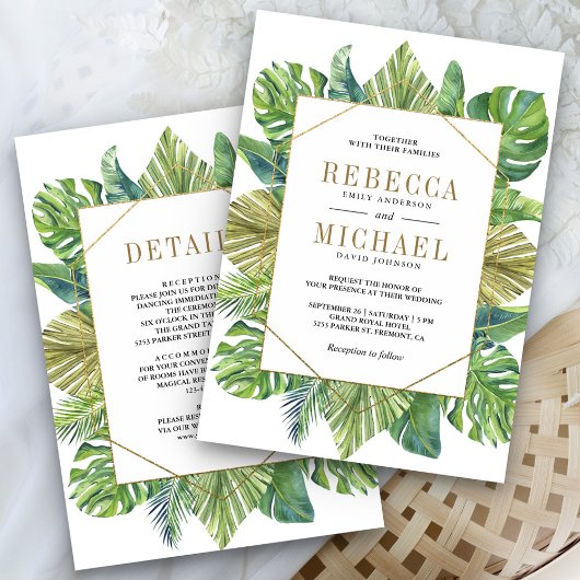 Tropical Palm Blätter Gold auf einer Hochzeit Einladung