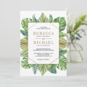 Tropical Palm Blätter Gold auf einer Hochzeit Einladung (Stehend Vorderseite)