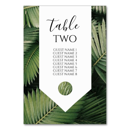 Tropical Palm Blätter Greenery Wedding Guest Names Tischnummer (Rückseite)