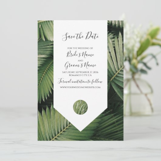 Tropical Palm Blätter Grüne Hochzeit Save The Date (Stehend Vorderseite)