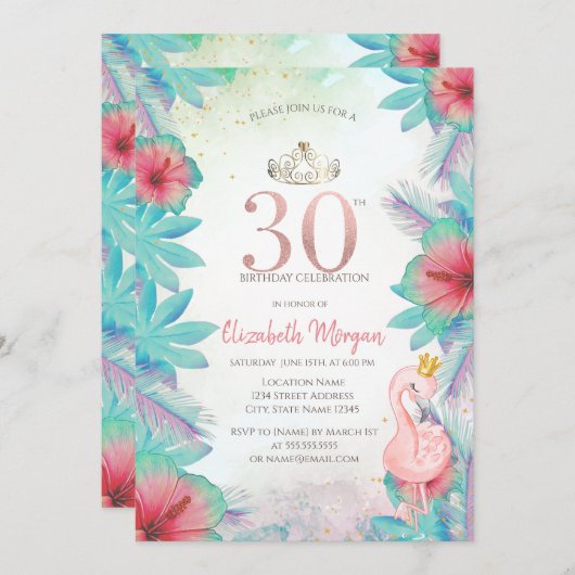 Tropical Palm Blätter Hibiskus Pink Flamingo 30. Einladung (Vorne/Hinten)