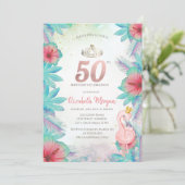 Tropical Palm Blätter Hibiskus Pink Flamingo 50. Einladung (Stehend Vorderseite)