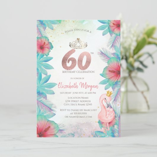 Tropical Palm Blätter Hibiskus Pink Flamingo 60. Einladung (Stehend Vorderseite)