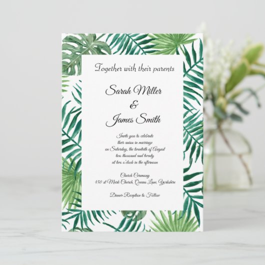 Tropical Palm Blätter Hochzeit Einladung (Stehend Vorderseite)