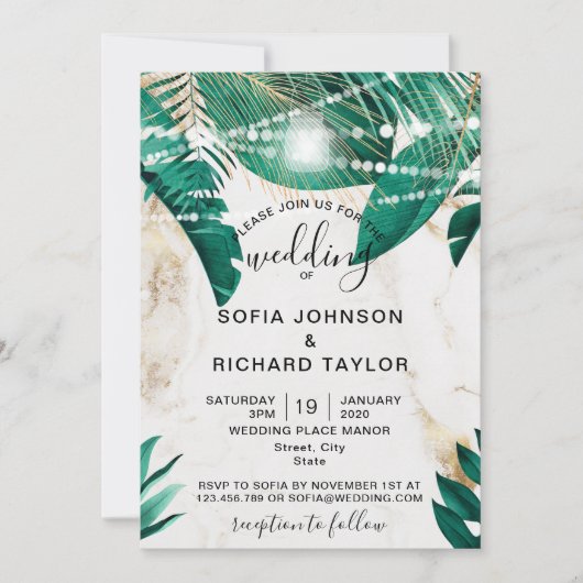 Tropical Palm Blätter Light Jar Gold Marmor Einladung (Vorderseite)