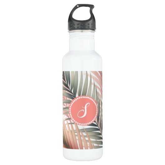 Tropical Palm Blätter Monogramm Wasser Flasche Edelstahlflasche (Vorderseite)