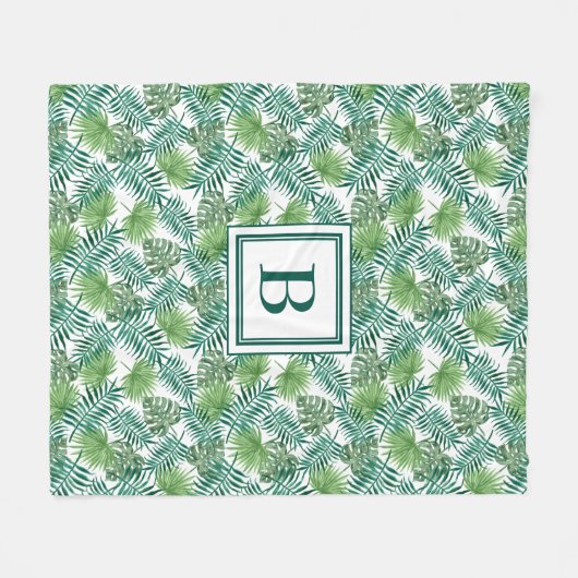 Tropical Palm Blätter Muster Mit Monogramm Fleecedecke (Vorderseite (Horizontal))