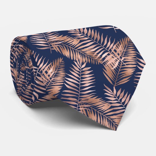 Tropical Palm Blätter Muster Rose Gold Navy Blue Krawatte (Gerollt)