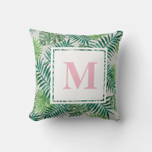 Tropical Palm Blätter   Rosa Monogramm Kissen
