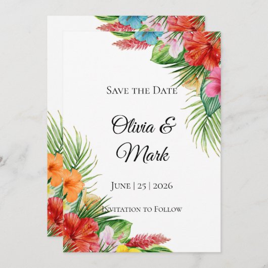 Tropical Palm Blätter Save the Date | Moderner Som Einladung (Vorne/Hinten)