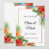 Tropical Palm Blätter Save the Date | Moderner Som Einladung (Vorne/Hinten)