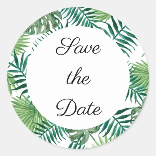 Tropical Palm Blätter Save the Date Personalisiert Runder Aufkleber (Vorderseite)