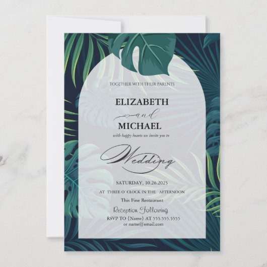 Tropical Palm Blätter Script Wedding Einladung (Vorderseite)