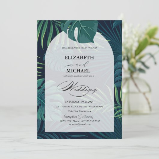 Tropical Palm Blätter Script Wedding Einladung (Stehend Vorderseite)