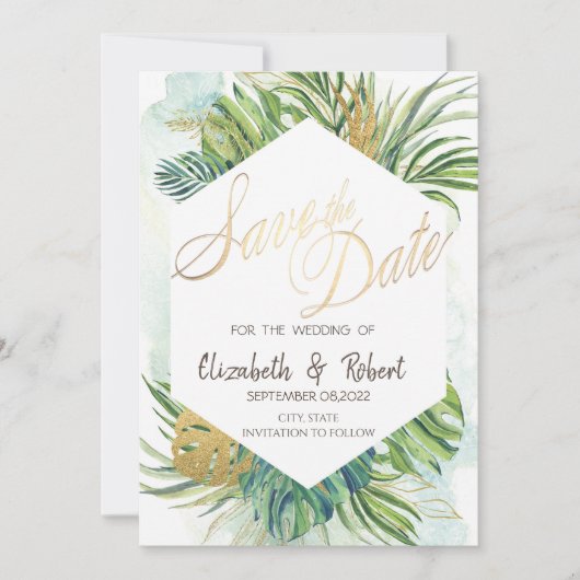 Tropical Palm Blätter Sommer Save the Date (Vorderseite)