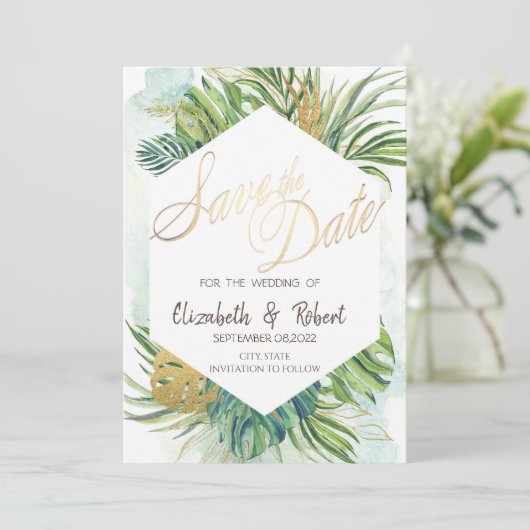 Tropical Palm Blätter Sommer Save the Date (Stehend Vorderseite)