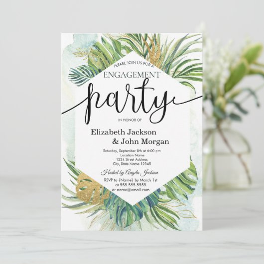 Tropical Palm Blätter Summer Engagement Party Einladung (Stehend Vorderseite)