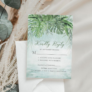Tropical Palm Blätter Watercolor Grüne Hochzeit RSVP Karte