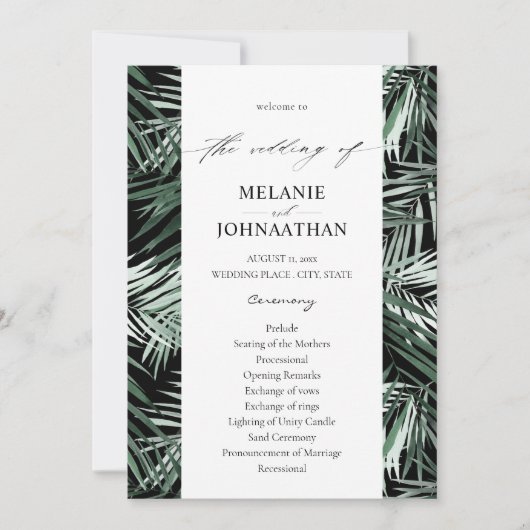 Tropical Palm Blätter Wedding Program - Black Einladung (Vorderseite)