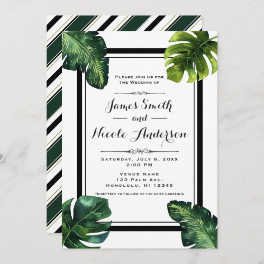 Tropical Palm Blätter White Green Black Wedding Einladung (Vorne/Hinten)