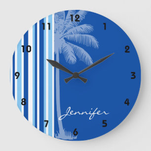 Tropical Palm; Blue & White Stripes Große Wanduhr