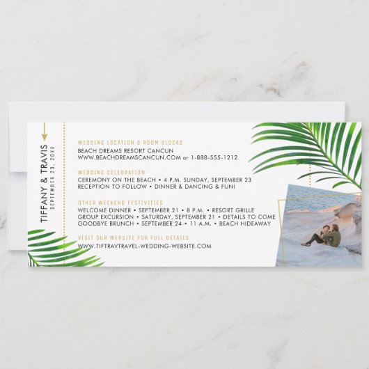 Tropical Palm Boarding Pass Foto Save the Date Ankündigung (Rückseite)