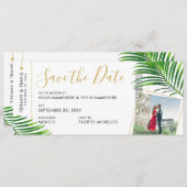 Tropical Palm Boarding Pass Foto Save the Date Ankündigung (Vorne/Hinten)