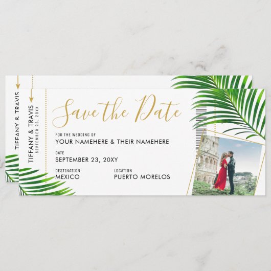 Tropical Palm Boarding Pass Foto Save the Date Ankündigung (Vorne/Hinten)