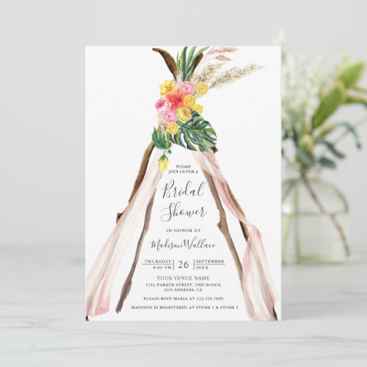 Tropical Palm Boho Triangle Arch Brautparty Einladung (Stehend Vorderseite)