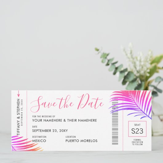 Tropical Palm Bright Boarding Pass Rett Date Card Ankündigung (Stehend Vorderseite)