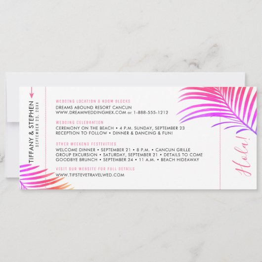 Tropical Palm Bright Boarding Pass Rett Date Card Ankündigung (Rückseite)