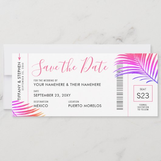 Tropical Palm Bright Boarding Pass Rett Date Card Ankündigung (Vorderseite)