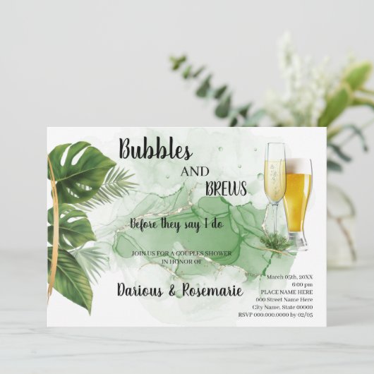 Tropical Palm Bubble & Brews Paare Dusche Invit Einladung (Stehend Vorderseite)