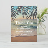 Tropical Palm Custom Wedding Beach String Lights Dankeskarte (Stehend Vorderseite)