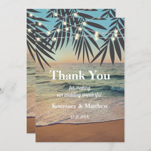 Tropical Palm Custom Wedding Beach String Lights Dankeskarte (Vorne/Hinten)