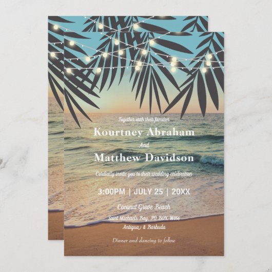 Tropical Palm Custom Wedding Beach String Lights Einladung (Vorne/Hinten)