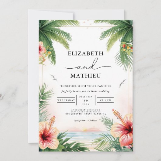 Tropical Palm Floral Arch Wedding Einladung (Vorderseite)