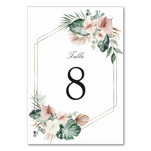 Tropical Palm Floral Blush Gold Geometric Wedding Tischnummer (Vorderseite)
