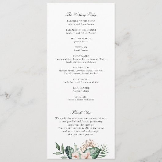 Tropical Palm Floral Blush Grüne Hochzeit Programm (Rückseite)