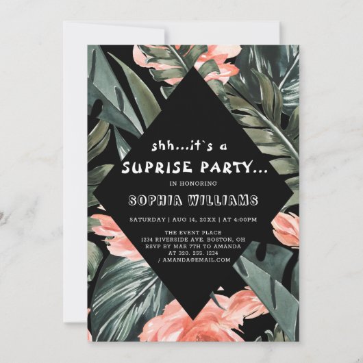 Tropical Palm Floral Überraschung Schwarzes Party Einladung (Vorderseite)