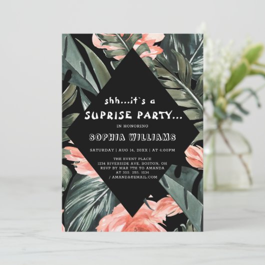 Tropical Palm Floral Überraschung Schwarzes Party Einladung (Stehend Vorderseite)