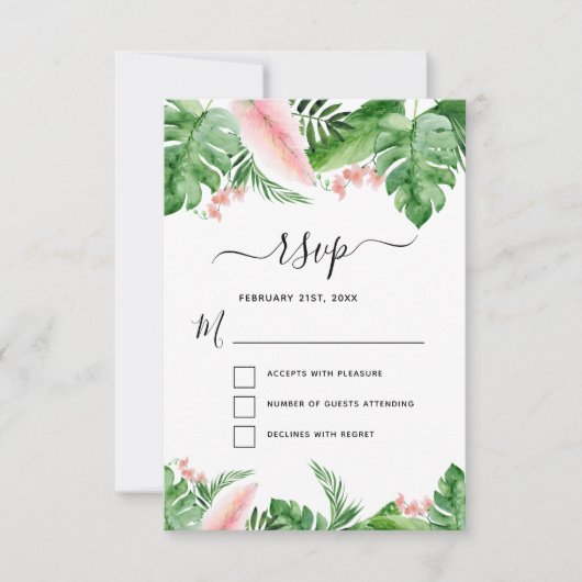 Tropical Palm Floral Water Wedding RSVP Einladung (Vorderseite)