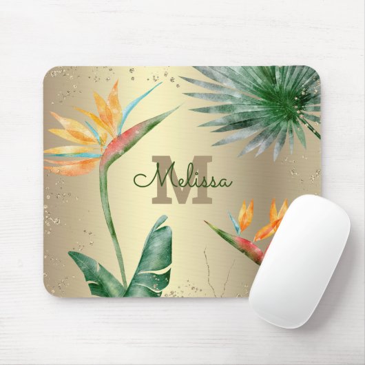 Tropical Palm Foliage Floral Monogram Script Mousepad (Mit Mouse)