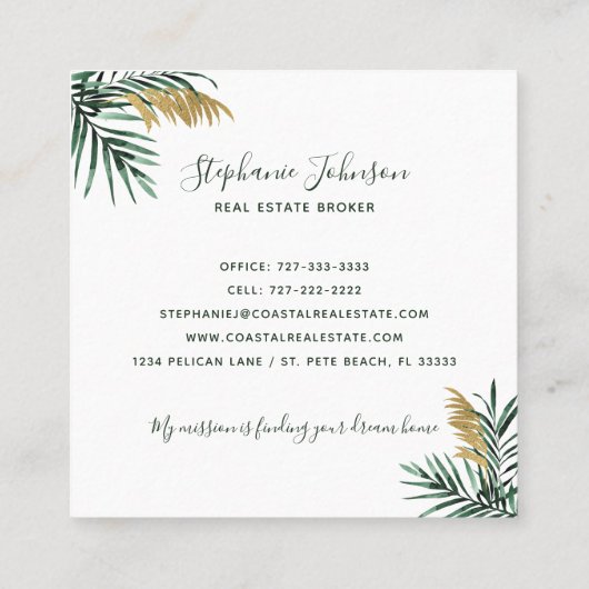 Tropical Palm Fronds Gold Real Anwesen Quadratische Visitenkarte (Rückseite)