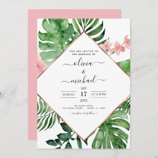 Tropical Palm Geometric Beach Wedding Einladung (Vorne/Hinten)