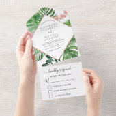 Tropical Palm Geometric Rose Gold Wedding All In One Einladung (Abreißen)