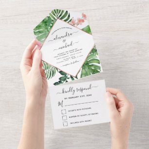 Tropical Palm Geometric Rose Gold Wedding RSVP All In One Einladung